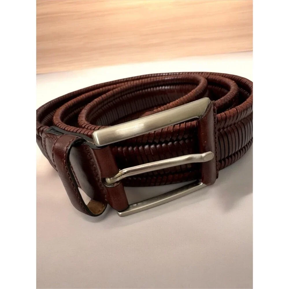 Brown Men’s Woven Leather Belt Sz 38 Made in Spain No Holes Adjustable Classic